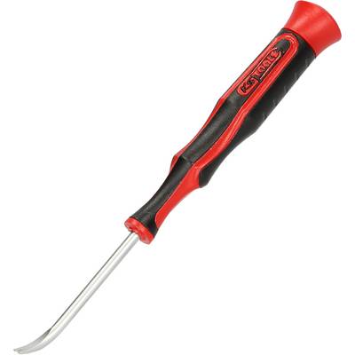 Un gancio per attrezzi rosso e nero con impugnatura ergonomica e punta metallica curva, tipico per lavori di leva.