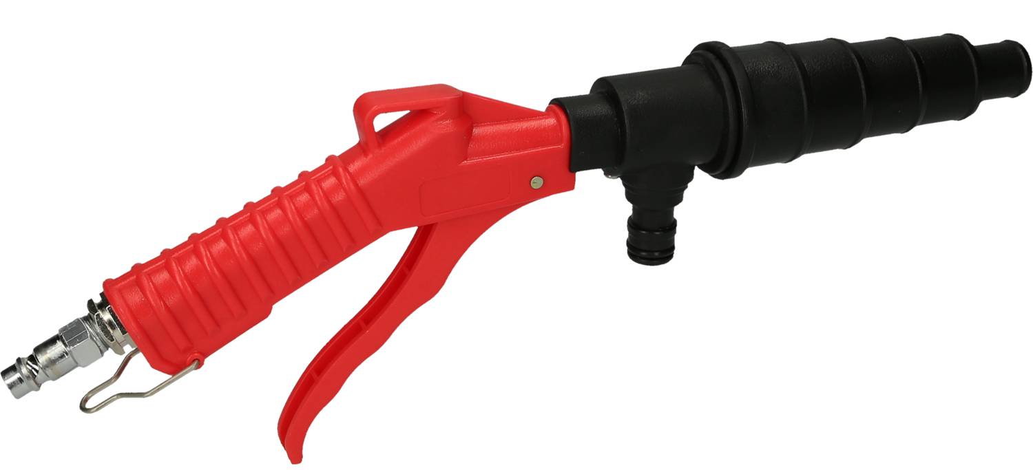 Pistola pneumatica rossa con tubo in gomma nero e attacco metallico. Strumento per applicazioni industriali di pulizia.