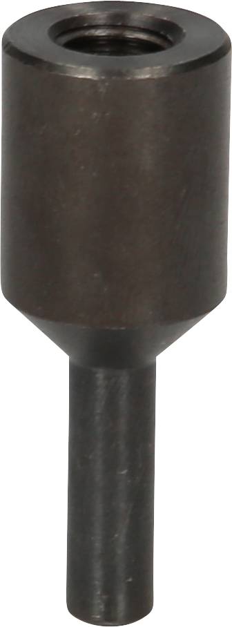Un adattatore metallico grigio acciaio, cilindrico e conico, con un'asta sottile, probabilmente un'appendice per utensili.