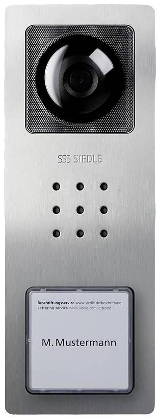 Impianto citofonico con telecamera e altoparlante; etichetta: 'M. Mustermann'. Produttore: SSS Siedle.