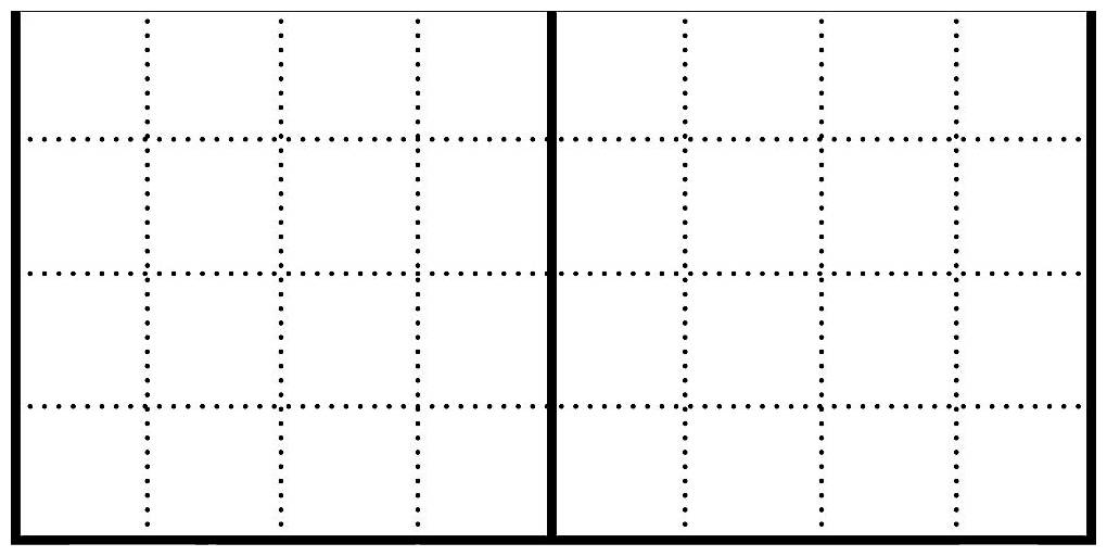 Un diagramma semplice con due colonne, ciascuna suddivisa in nove quadrati, linee continue ai bordi, linee tratteggiate all'interno.