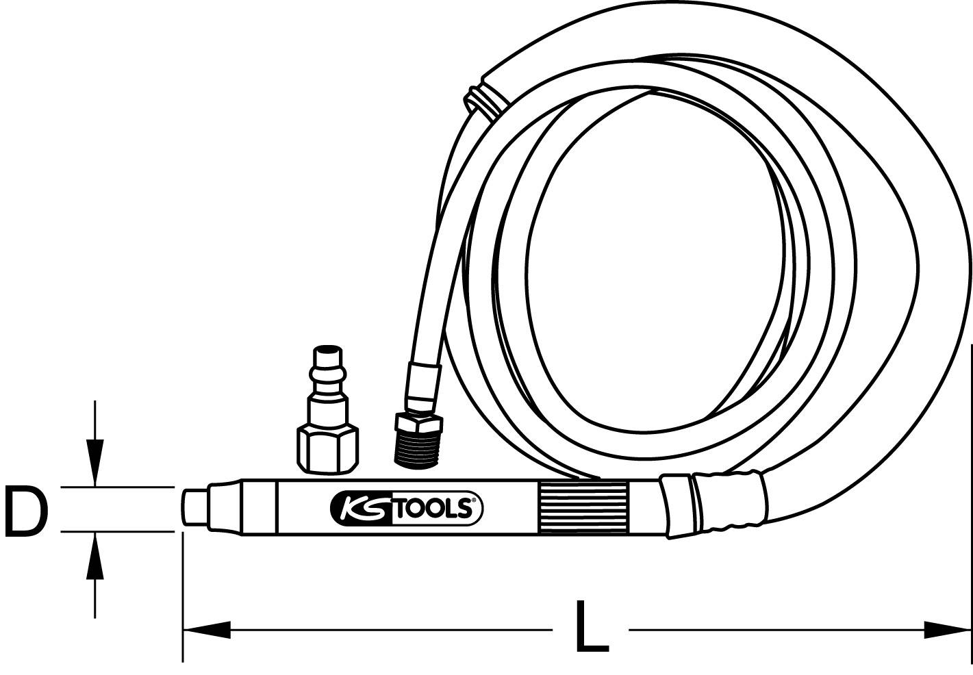 L'immagine mostra un tubo per aria compressa con due attacchi e il marchio "KS Tools", comprensivo delle indicazioni per diametro (D) e lunghezza (L).