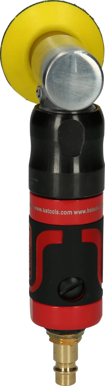 Macchina per levigare ad aria con disco abrasivo giallo e impugnatura rossa. Adatta per lucidare e levigare con precisione piccole superfici.