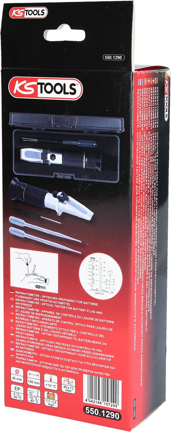 Un imballaggio di KS Tools con l'immagine di un utensile per saldatura. Contiene dettagli tecnici e istruzioni sul lato della confezione.