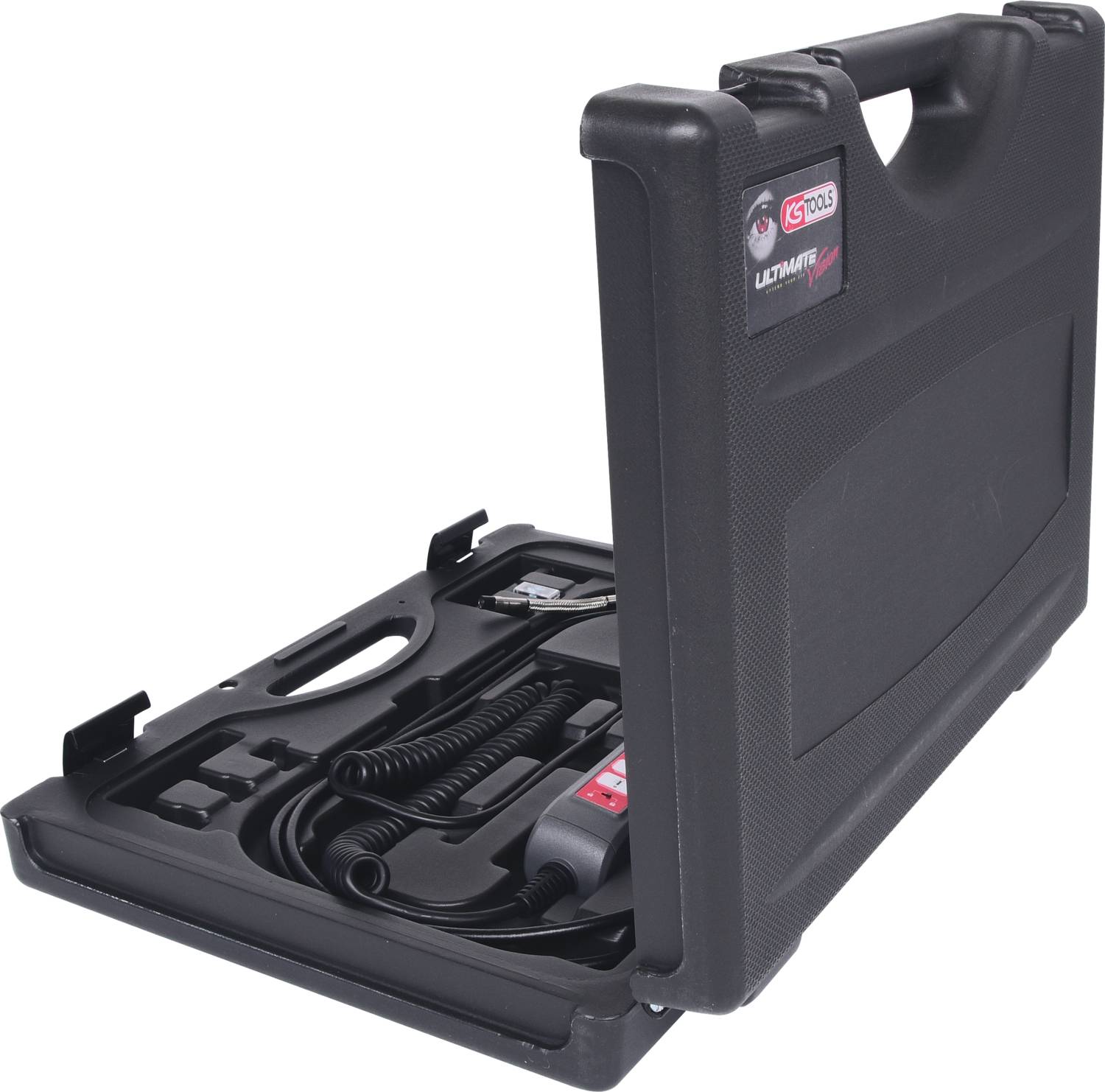 'Valigetta degli attrezzi nera in plastica, parzialmente aperta, mostra diversi scomparti per utensili e accessori. Ideale per il trasporto.'