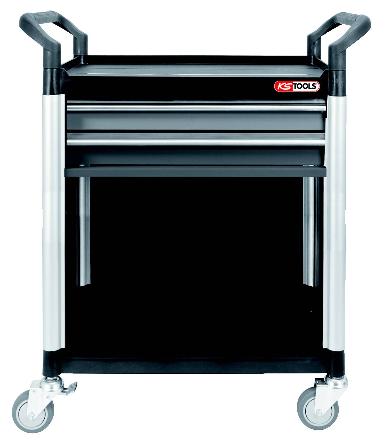Carrello degli attrezzi con due cassetti e uno scomparto aperto, montato su ruote per una facile movimentazione. Contrassegnato con 'KS Tools'.