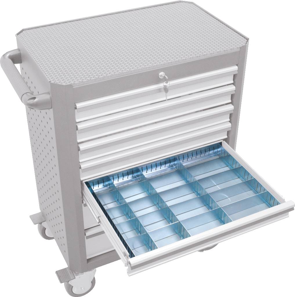 Carrello con vano aperto che mostra diversi scomparti per lo stoccaggio. Il carrello è dotato di ruote e di un manico per facilitare lo spostamento.