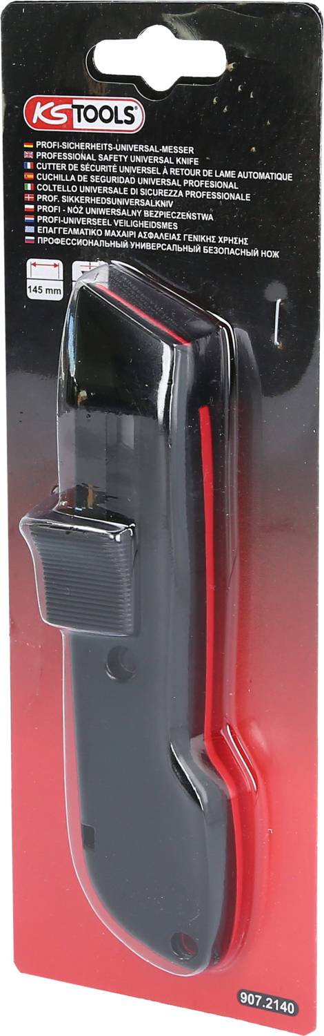 Coltello pieghevole confezionato di KS Tools in nero con accento rosso, adatto per tagli su diversi materiali.