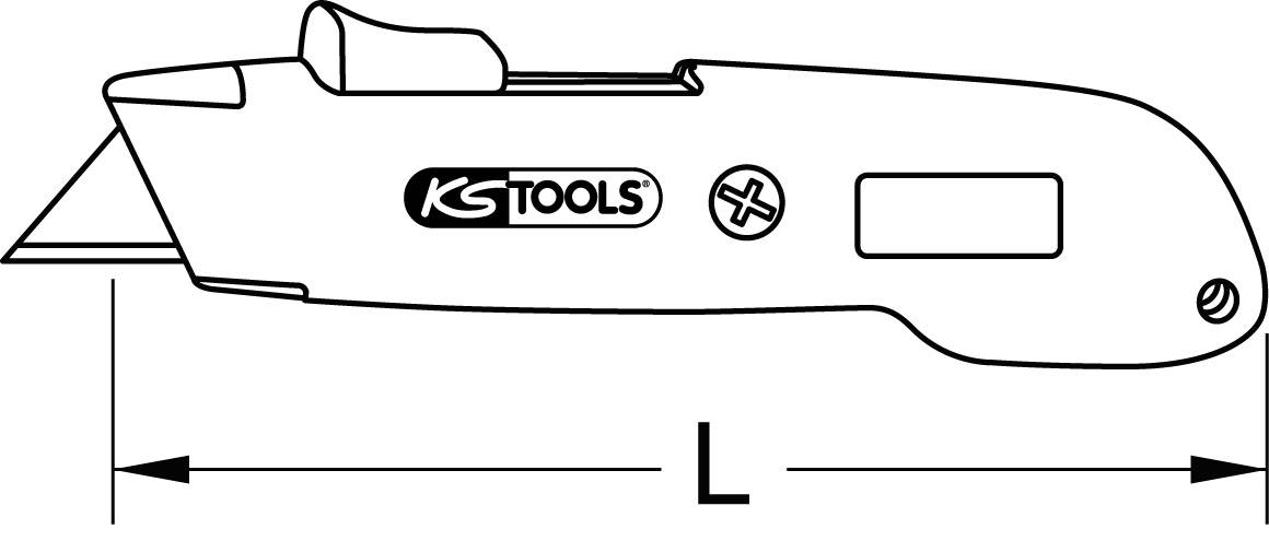 'Schema di un coltello da taglio' con indicazione della lunghezza (L) e logo aziendale.