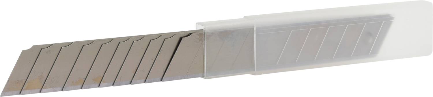 Lame di ricambio in un astuccio di plastica. Le lame sono disposte a gradini e sono in metallo, adatte per coltelli o strumenti da taglio.