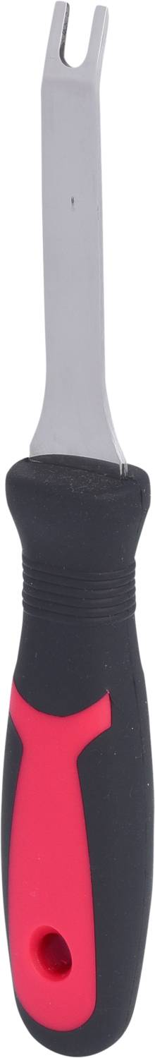 Un utensile per lo smontaggio di veicoli con impugnatura nera e accento rosso, utilizzato per rimuovere elementi di fissaggio dalle carrozzerie dei veicoli.