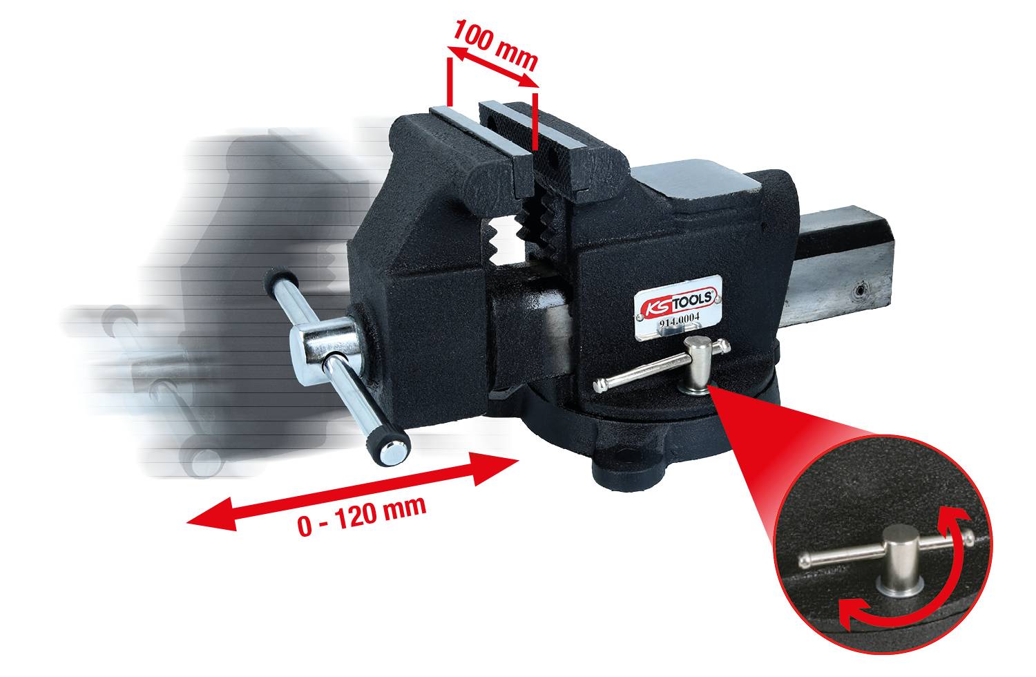 La morsa presenta un'apertura da 0 a 120 mm e una larghezza delle ganasce di 100 mm. Un volantino di regolazione ne consente la regolazione.