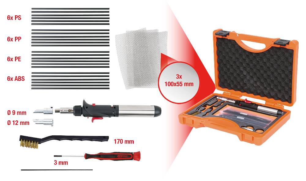 Kit di riparazione per parti in plastica con diversi bastoncini (PS, PP, PE, ABS), saldatore, spazzola e cacciavite in una valigetta portatile.