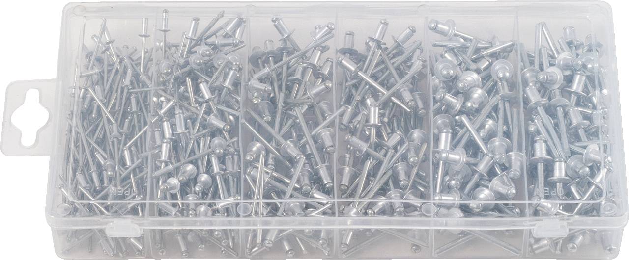 Una scatola di plastica con scomparti, riempita con rivetti ciechi in argento di diverse dimensioni.