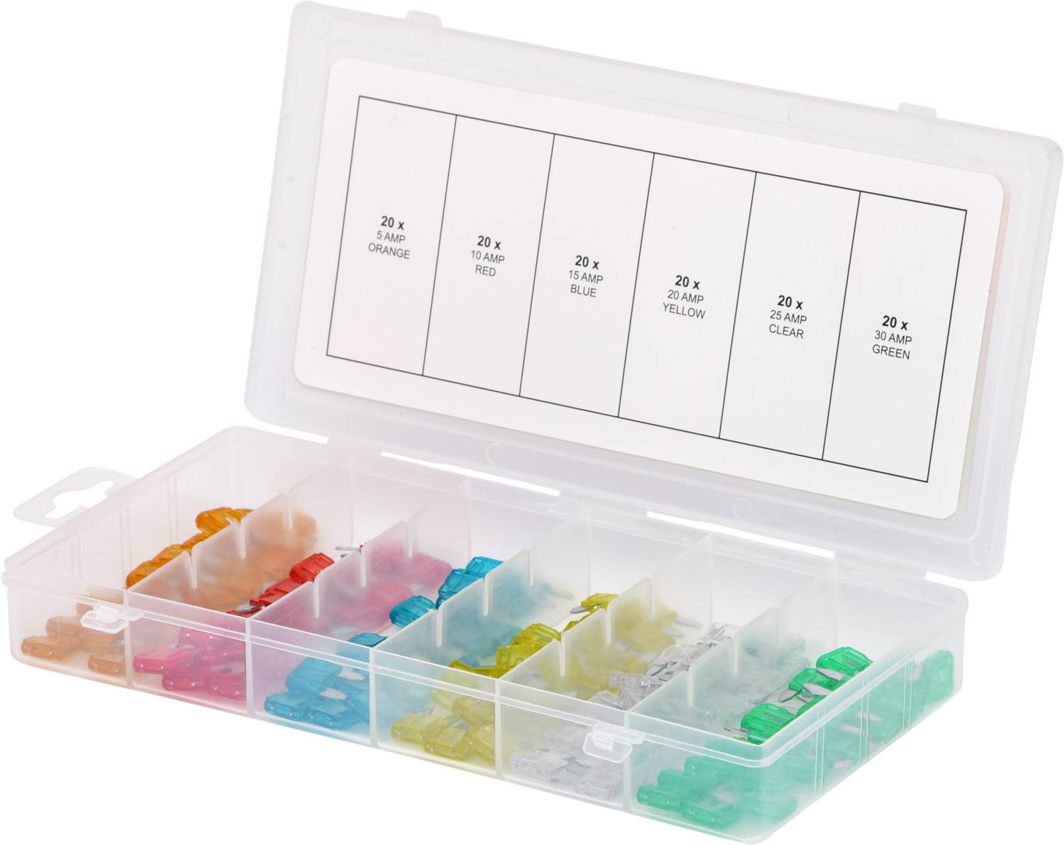 Contenitore pieghevole in plastica con scomparti, riempito con fusibili di diversi colori: arancione, rosso, blu, giallo, trasparente e verde.