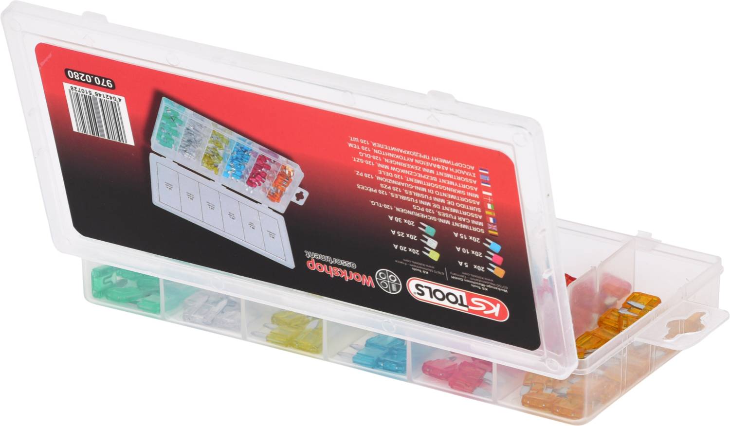 Una scatola di plastica aperta contenente fusibili colorati di diverse dimensioni.