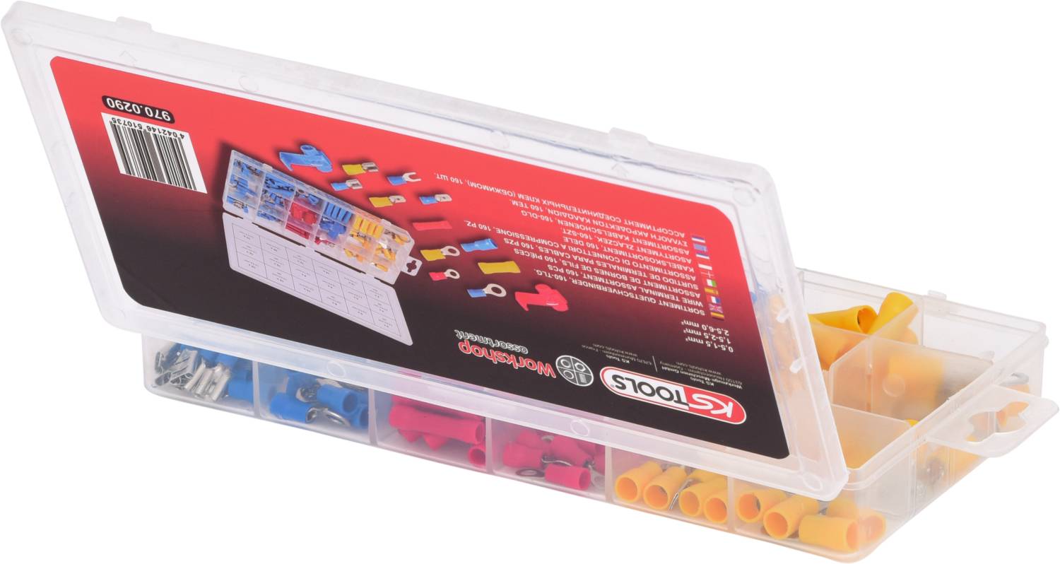 Scatola in plastica con vari connettori e spine di colori diversi, nome del marchio 'KS Tools' sul coperchio.