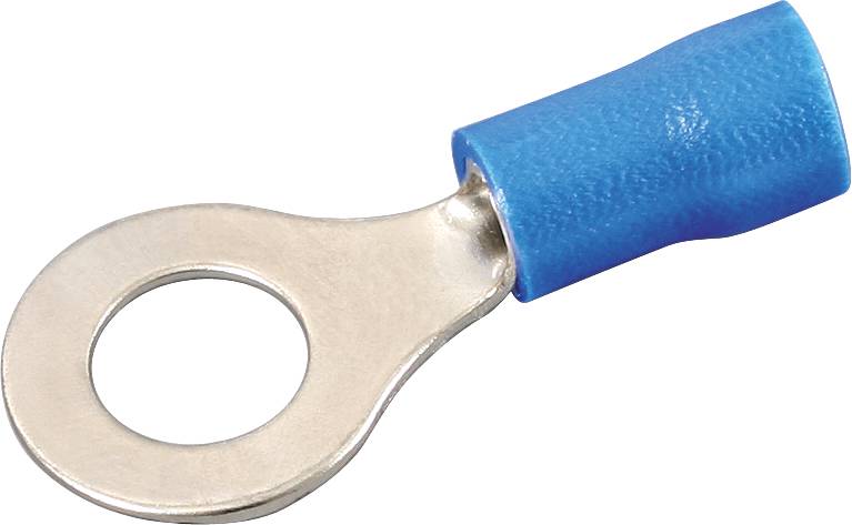 Un capocorda blu isolato con occhiello tondo per connessioni elettriche.