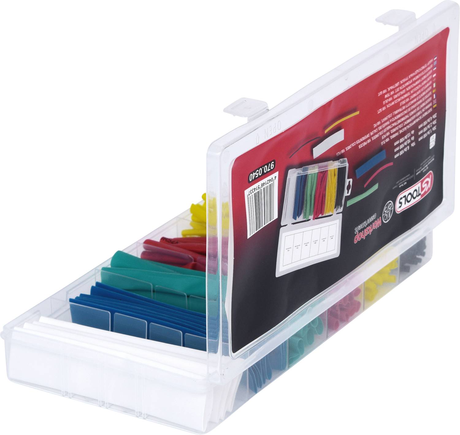 Una scatola di plastica trasparente con guaine termorestringenti colorate di varie dimensioni e colori, ordinate e impacchettate.