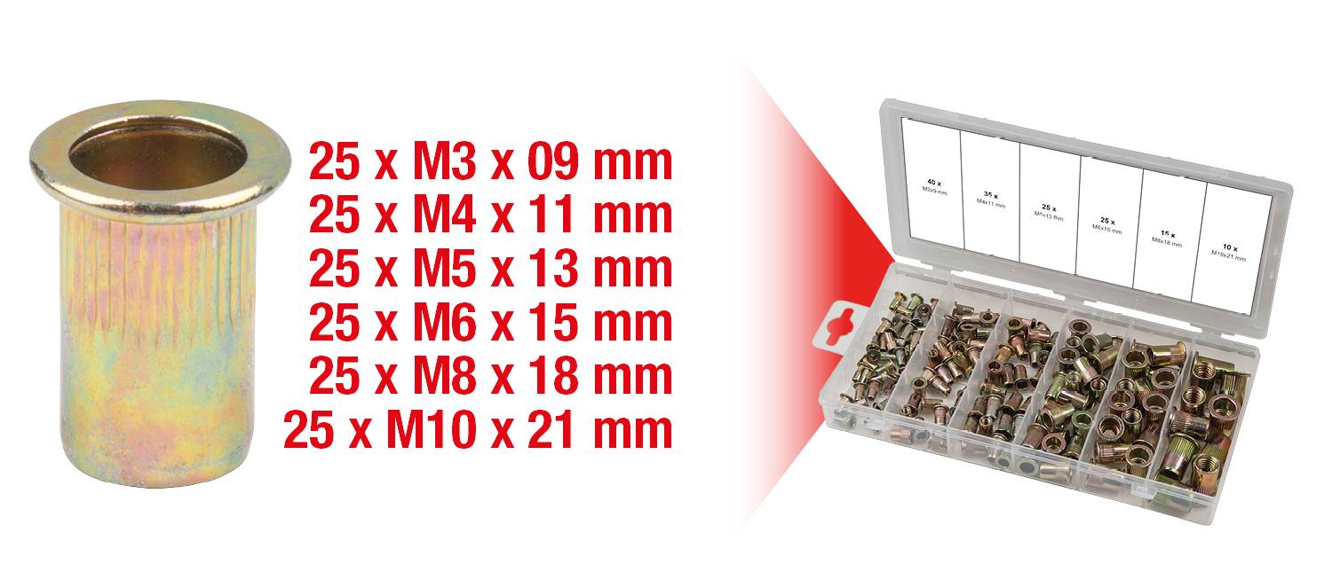 Assortimento di 25 dadi in diverse dimensioni (da M3 a M10) e lunghezze, con illustrazione della confezione e etichettatura.