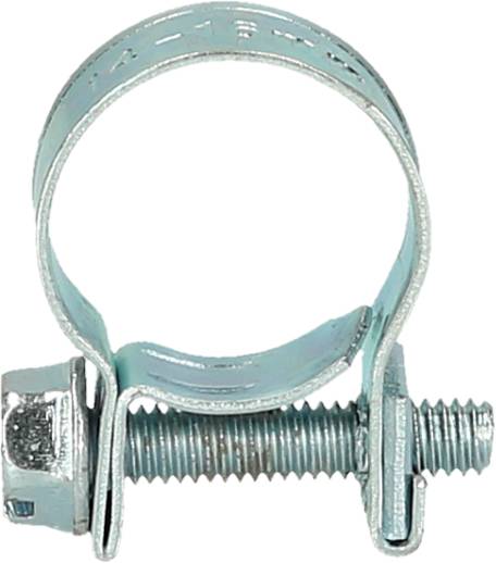 Una fascetta stringitubo in argento con vite. Serve a fissare i tubi sui raccordi per prevenire fuoriuscite di liquidi.