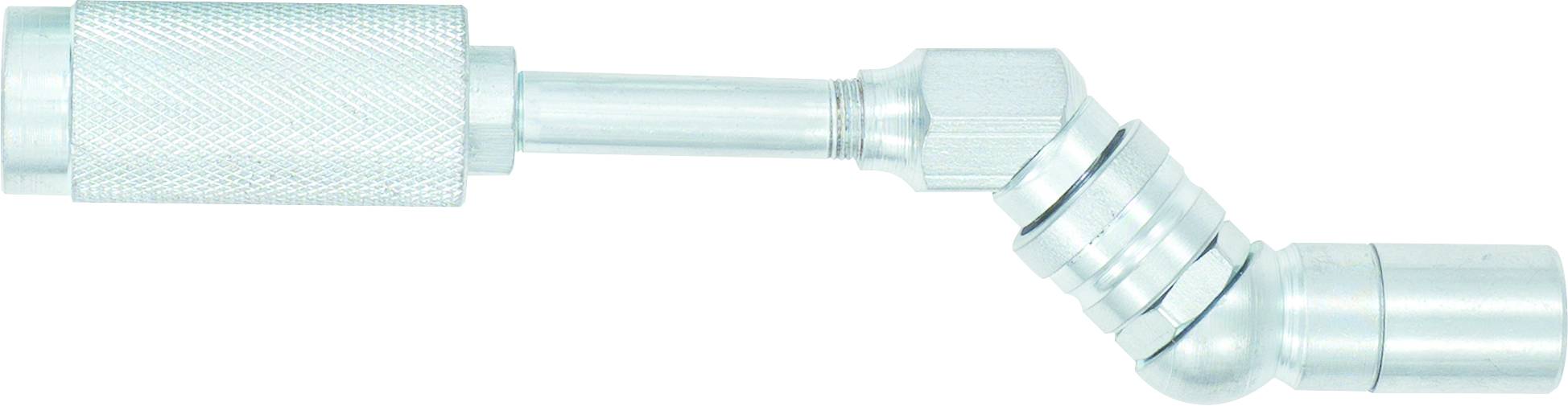 Braccio di oscillazione metallico con impugnatura zigrinata e multiple articolazioni, che consente movimenti e posizionamenti flessibili in applicazioni tecniche.