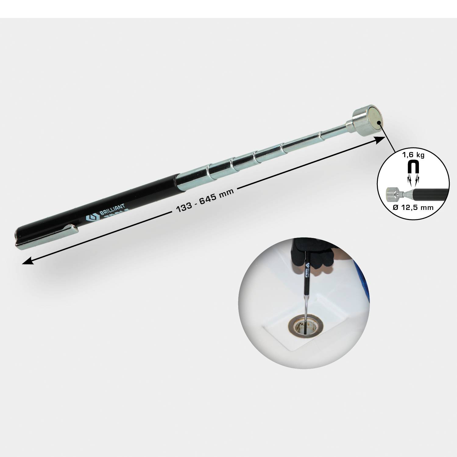 Sollevatore magnetico telescopico da 133 a 645 mm, porta 1,6 kg. Un primo piano mostra l'applicazione in uno scarico con un sollevatore magnetico inserito.