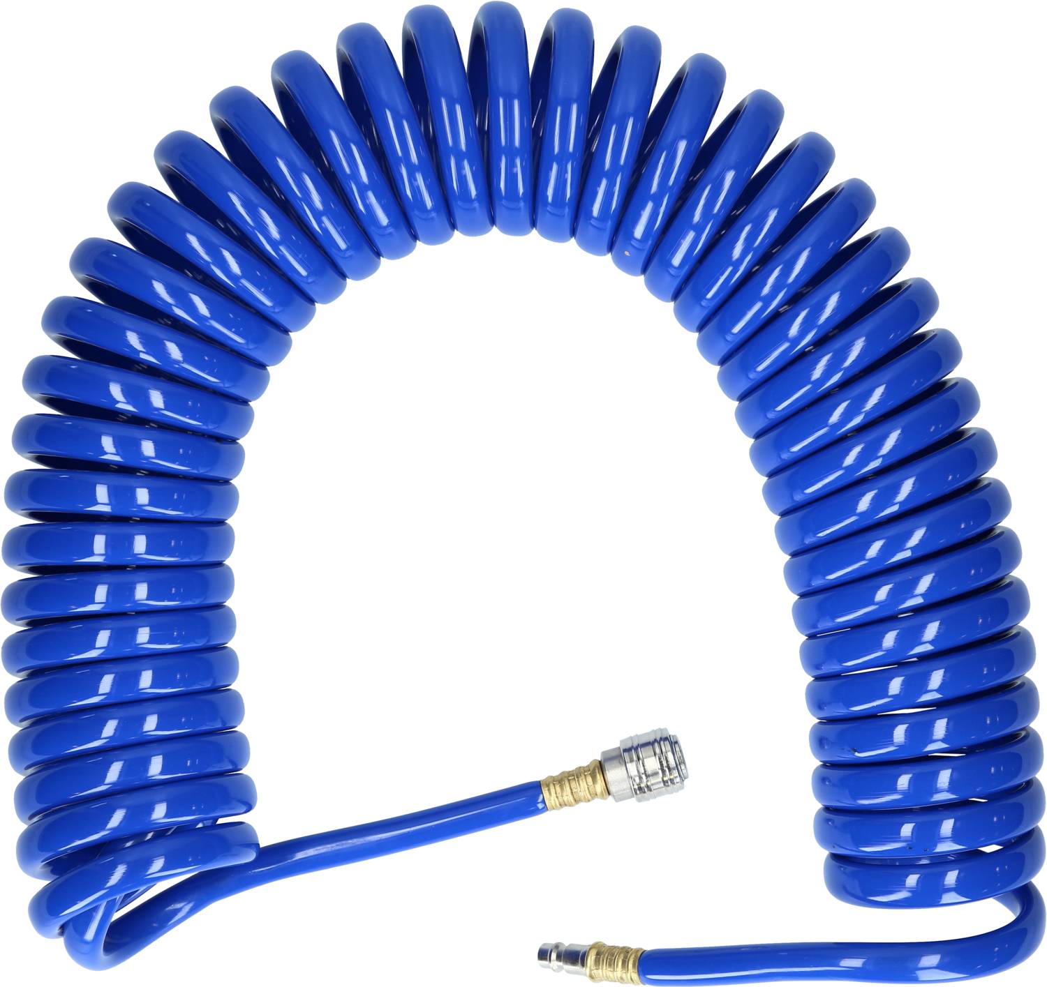 Un cavo a spirale blu con connettori alle estremità, comunemente utilizzato per dispositivi ad aria compressa.