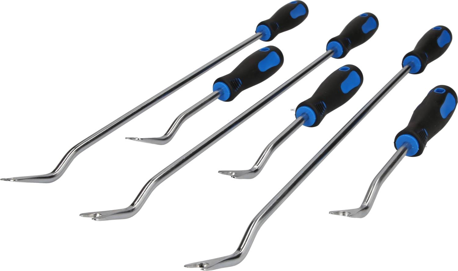 Cinque utensili curvi con impugnature blu e nere sono disposti uno accanto all'altro su una superficie bianca.