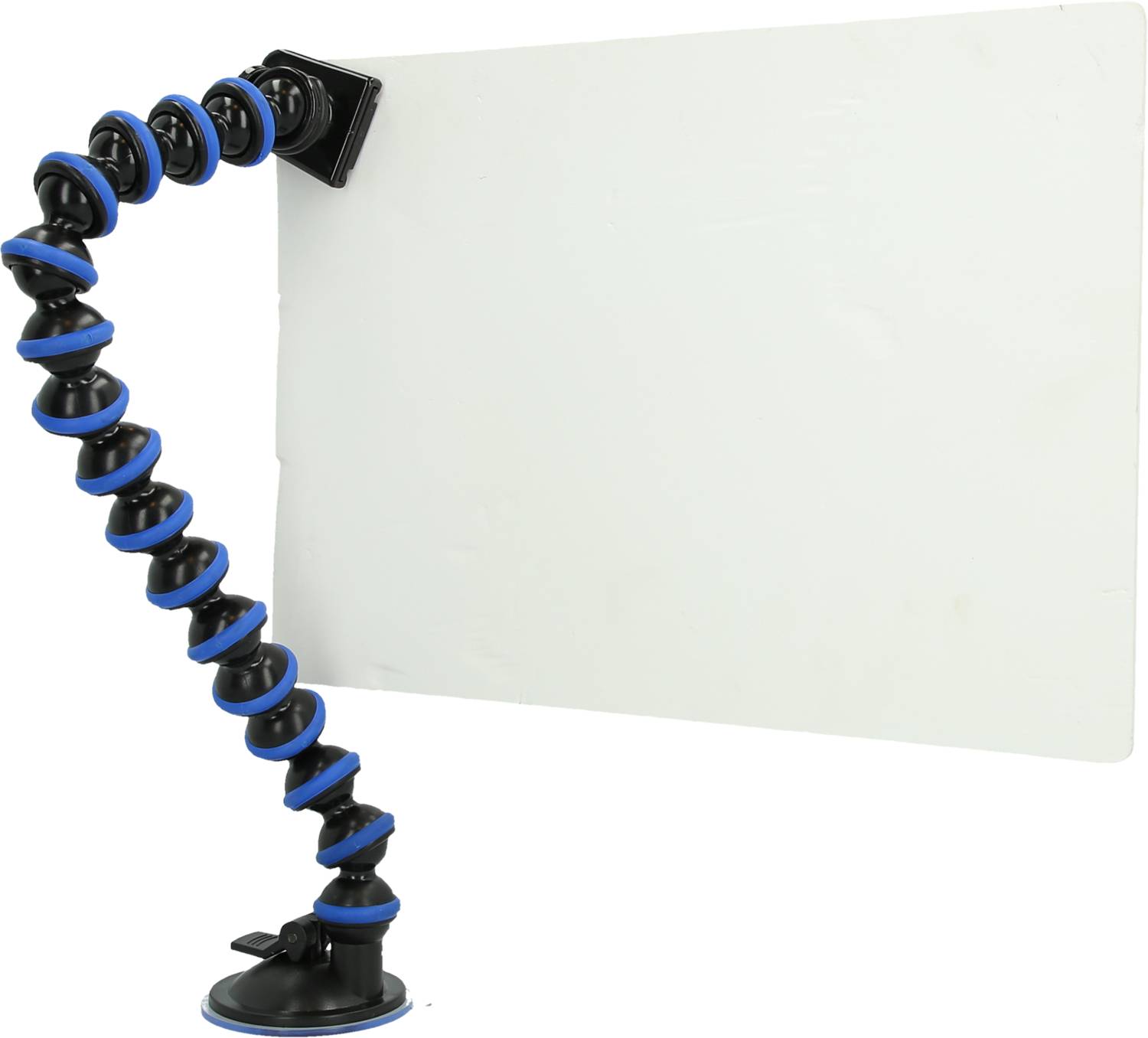 Supporto flessibile per smartphone o fotocamera con ventosa, blu-nero, su sfondo bianco vuoto. Adatto per fissaggio versatile.
