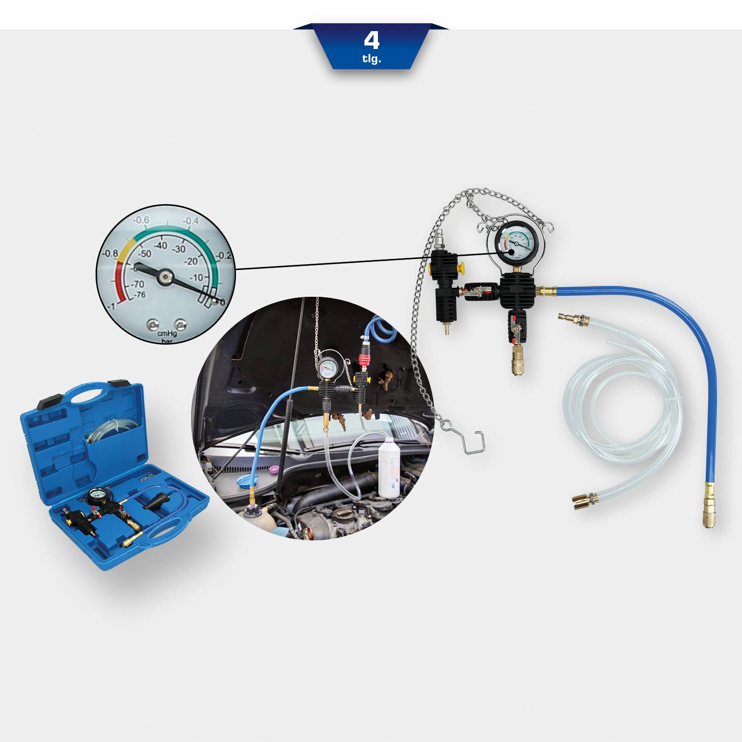 'Set per la misurazione del carburante e della compressione nel vano motore. Manometro, tubi e accessori per il test e la manutenzione dei motori dei veicoli.'