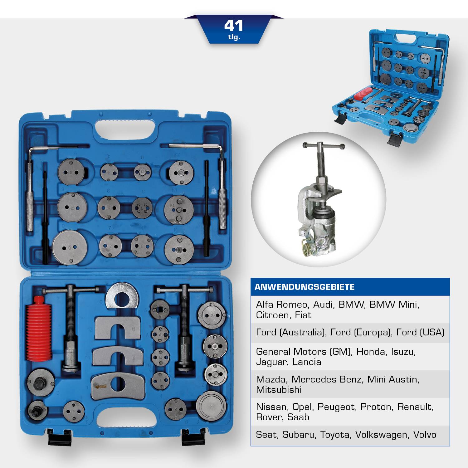 Valigetta portautensili blu con 41 pezzi per il riposizionamento dei pistoncini dei freni, con illustrazioni dei singoli componenti e campi di applicazione per vari marchi automobilistici.