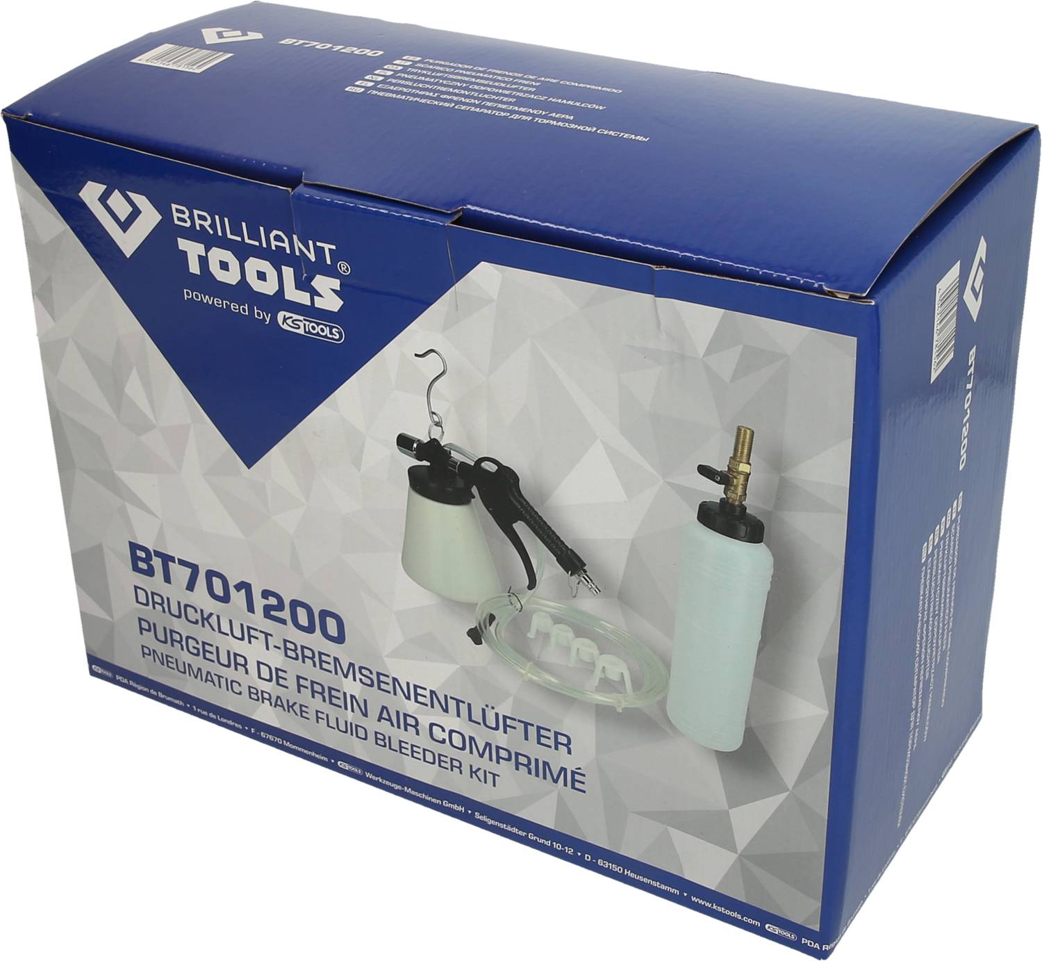 Confezione in cartone di uno spurga freni ad aria compressa di Brilliant Tools. Contiene illustrazioni e denominazione del prodotto BT701200.