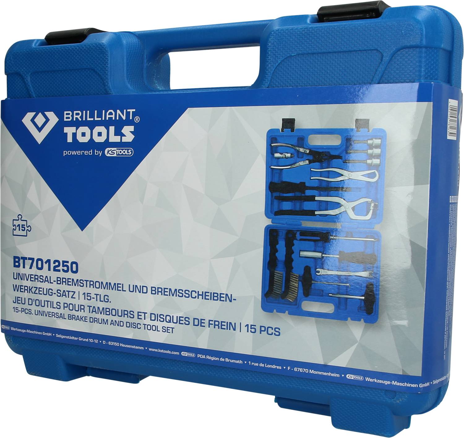 Valigetta degli attrezzi blu Brilliant Tools, modello BT701250, contiene un set da 15 pezzi per la manutenzione di tamburi e dischi dei freni.