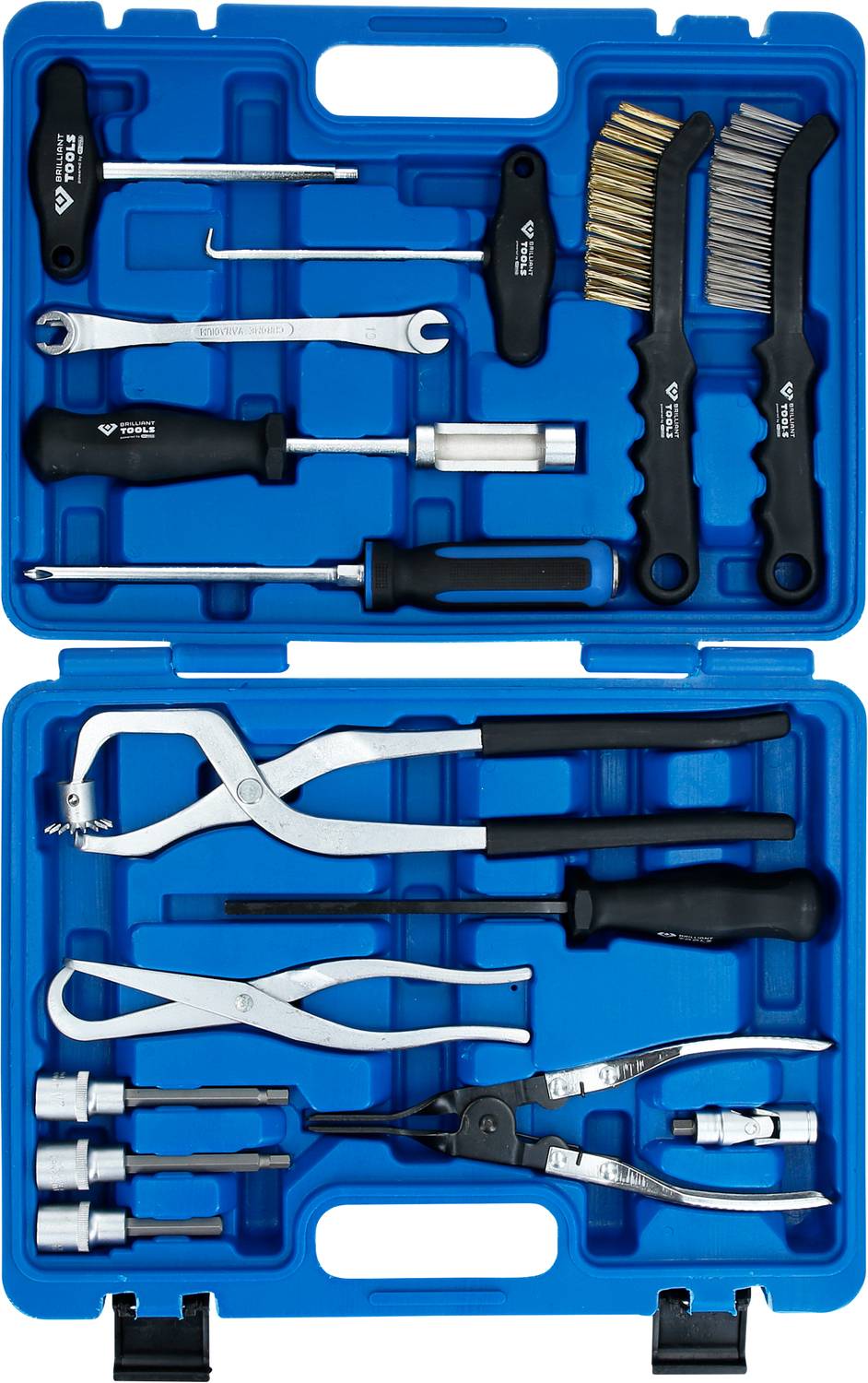 Valigetta degli attrezzi blu con vari strumenti per riparazioni come pinze, cacciaviti, spazzole e bussole, sistemati in scomparti.