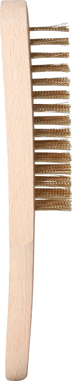 Spazzola in legno con setole rigide, raffigurata di lato. Adatta per la pulizia di superfici o materiali resistenti.