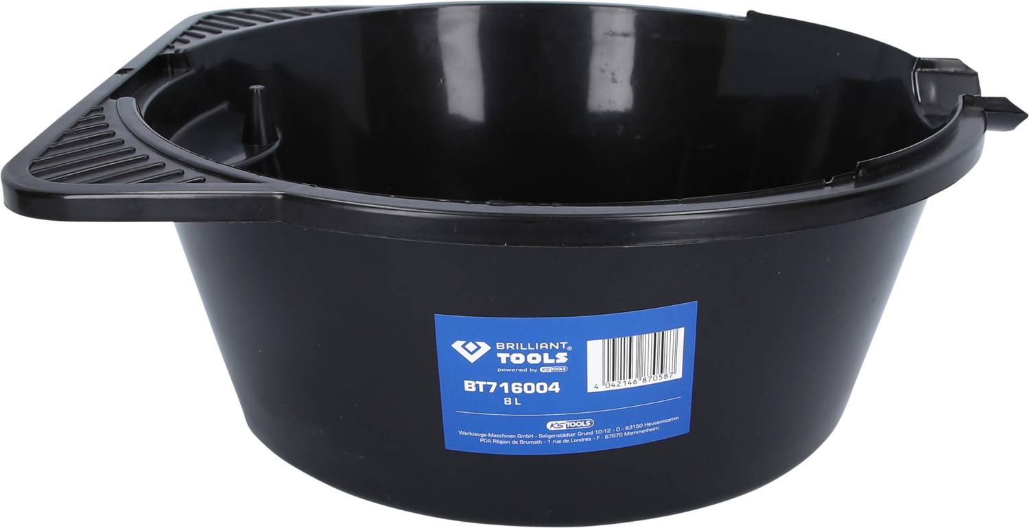 Un contenitore nero, rotondo per la raccolta dell'olio con un beccuccio e un'etichetta blu sul lato.