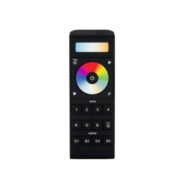 Telecomando nero con cerchio centrale a colori e diversi tasti per il controllo delle zone e la selezione delle scene.