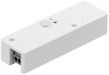 Un dispositivo elettrico rettangolare bianco con prese di connessione su un lato e fori per viti sulla parte superiore.