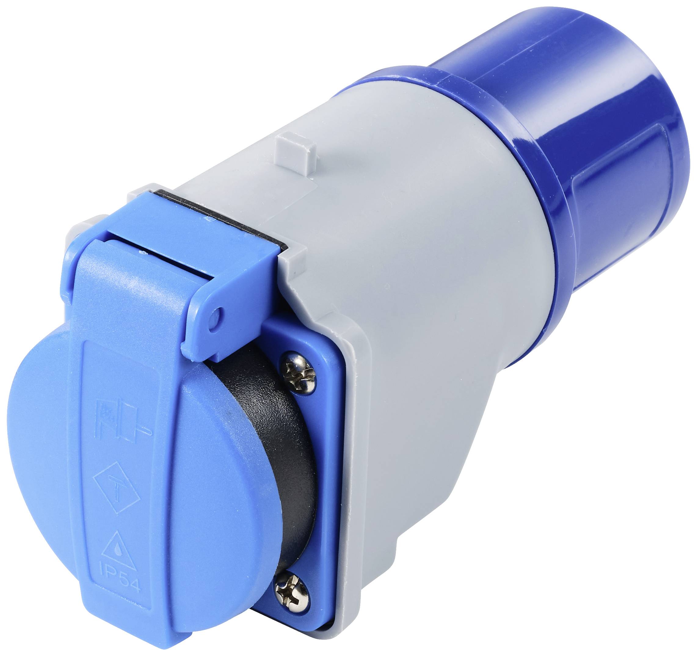 Un connettore rotondo blu con supporto grigio, idoneo per applicazioni industriali, con grado di protezione IP54.