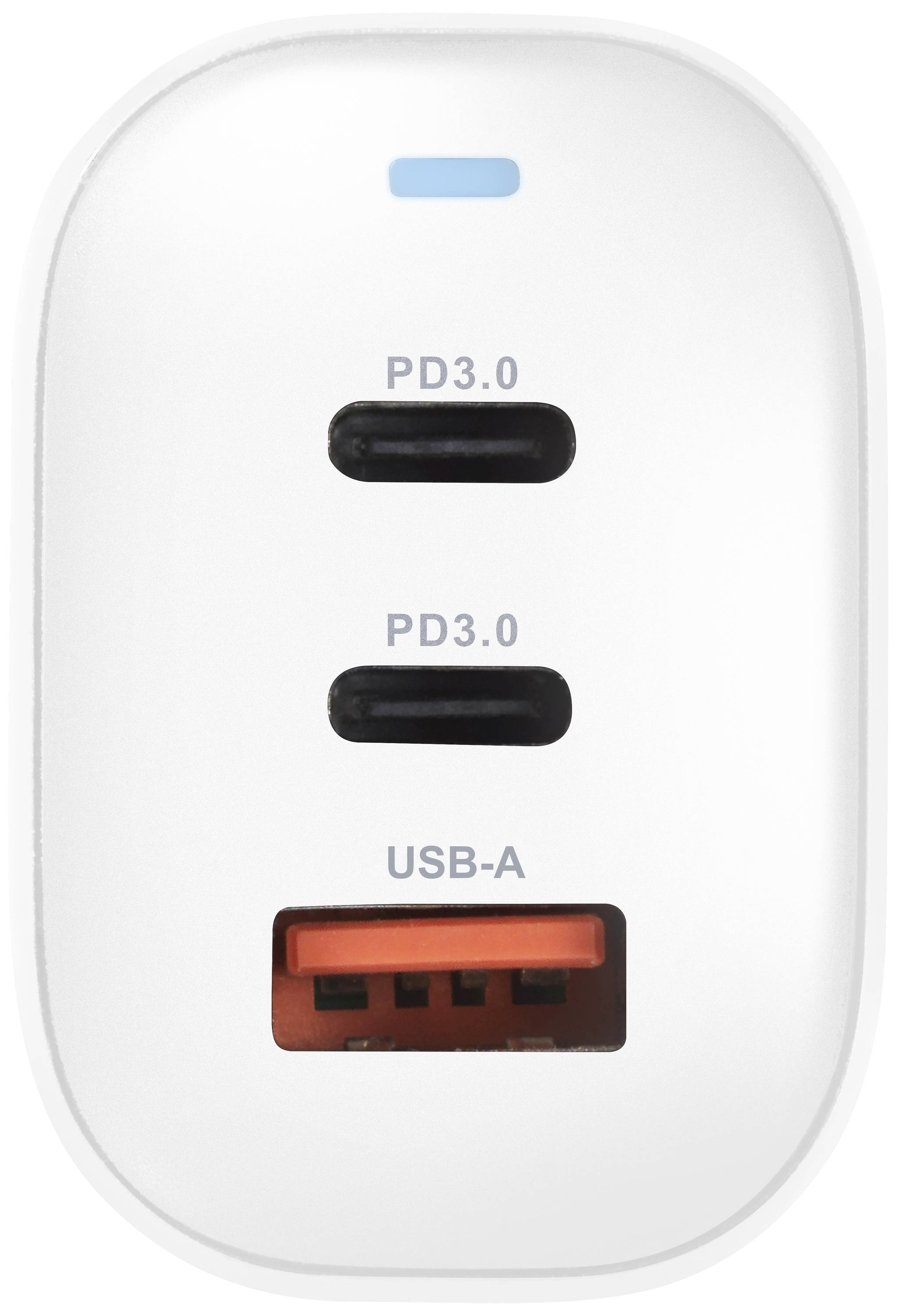 Un caricabatterie con due porte USB-C, etichettate 'PD3.0', e una porta USB-A.
