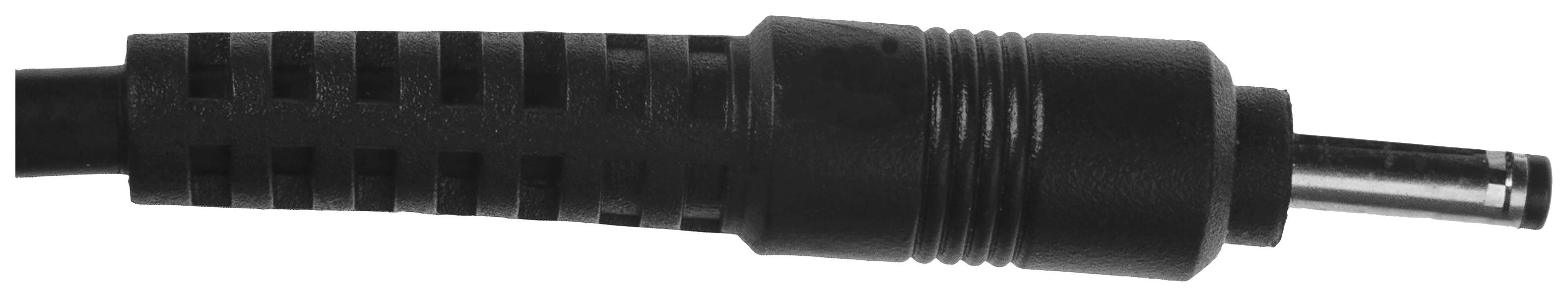 Connettore DC nero per dispositivi elettronici con impugnatura scanalata e punta di contatto argentata.
