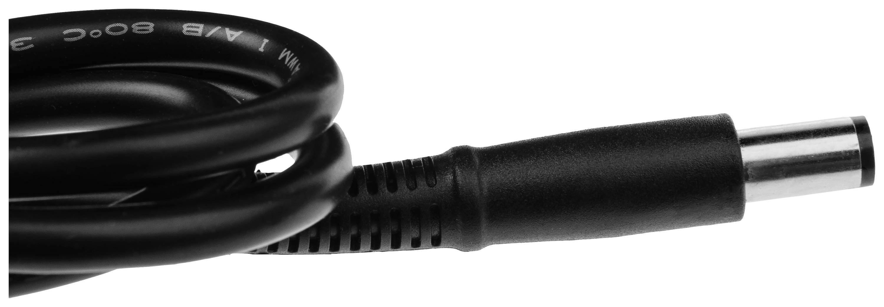Cavo di rete nero-grigio con spina cilindrica, adatto per dispositivi elettronici, su sfondo bianco.