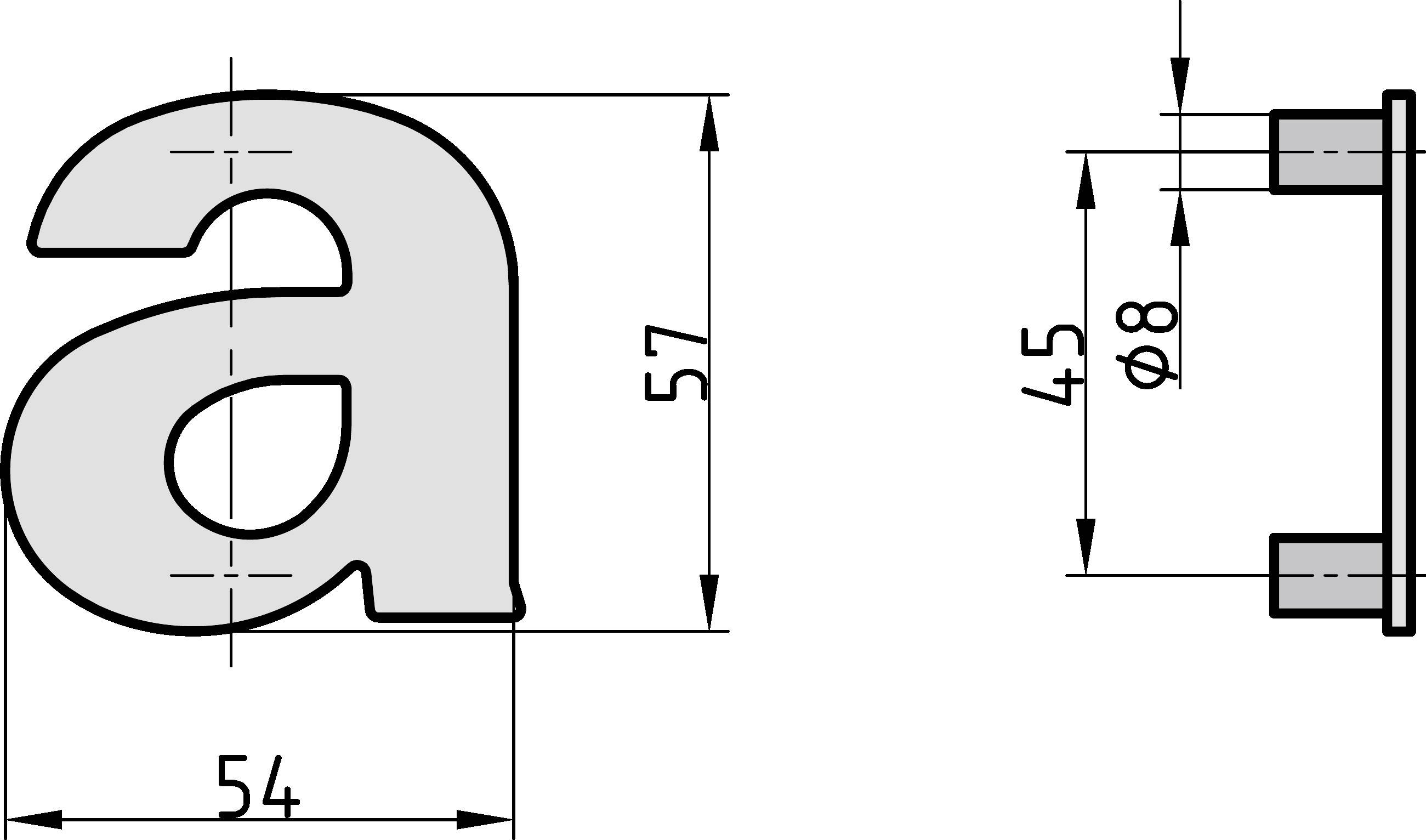 Disegno tecnico di una piccola lettera 'a' con dimensioni: larghezza 54 mm, altezza 57 mm, profondità laterale 45 mm, cilindro Ø8 mm.