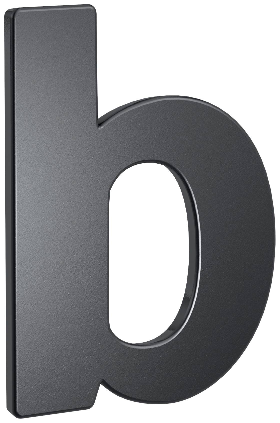 Un piccolo "b" nero tridimensionale in metallo appare elegante e moderno.