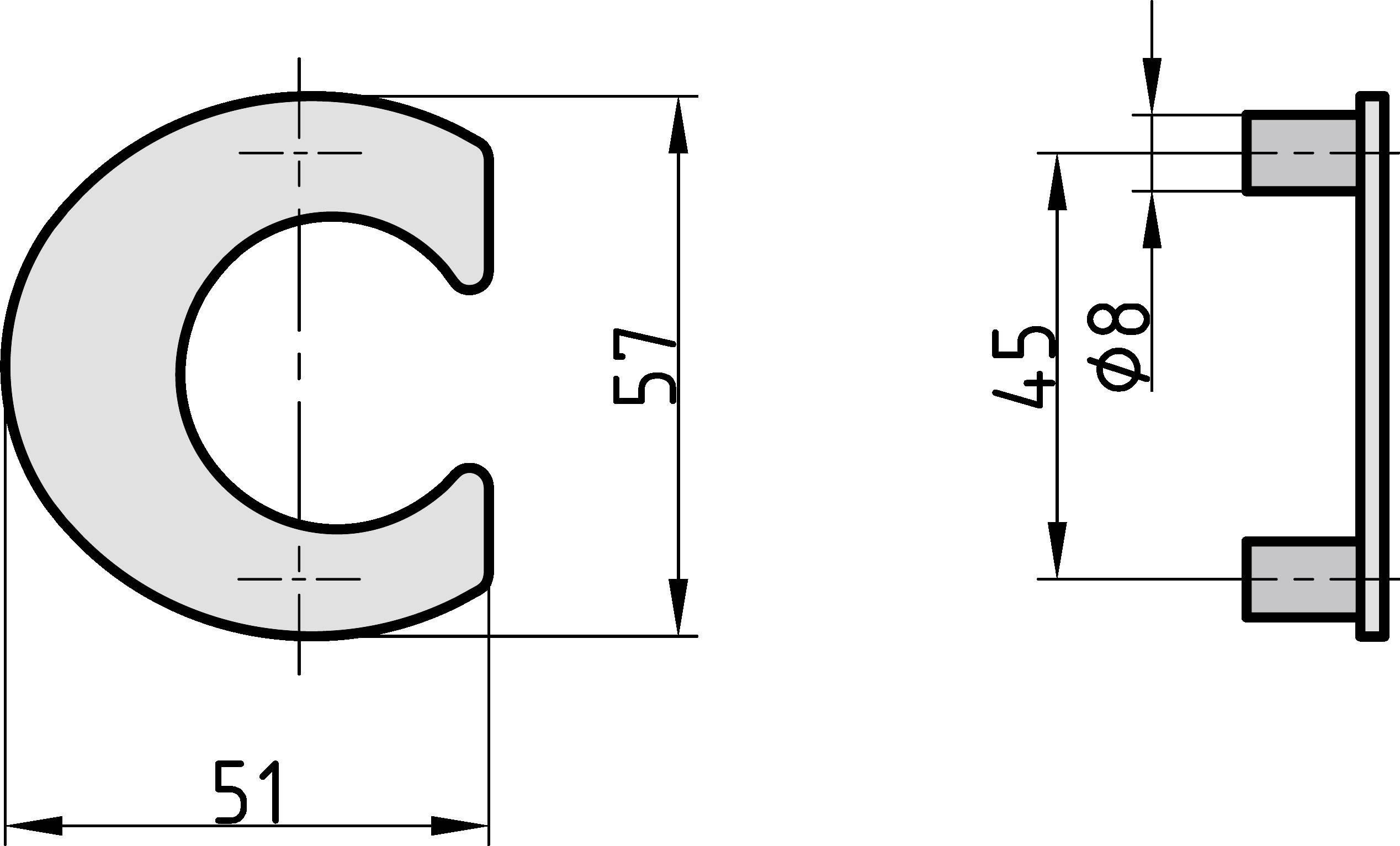 Disegno tecnico di un componente a forma di C con dimensioni: lunghezza 57 mm, larghezza 51 mm, diametro foro 8 mm, distanza 45 mm tra i fori.