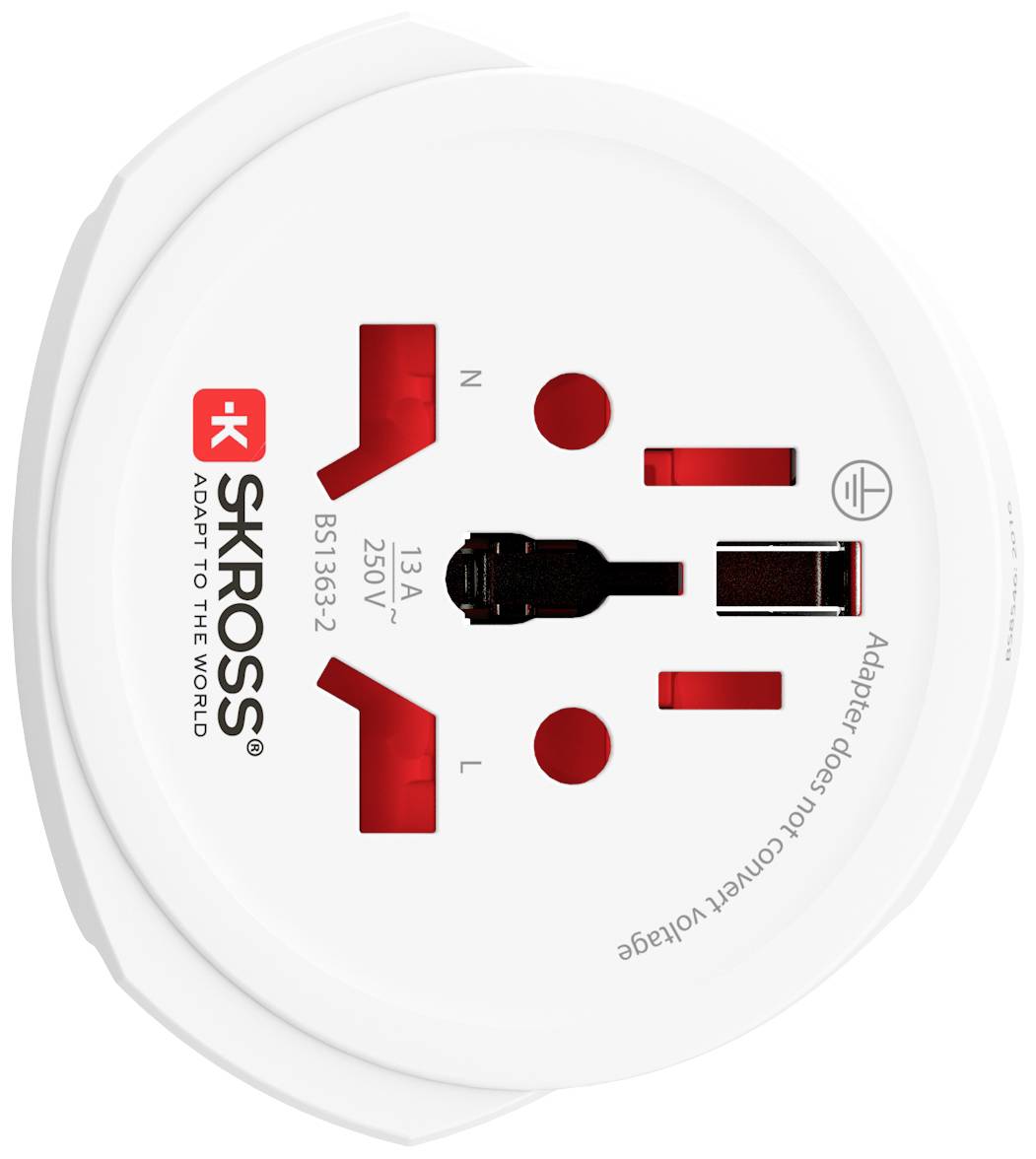 'Adattatore SKROSS per prese elettriche internazionali, adatto a diverse forme di spine e tensioni fino a 250V, 13A.'