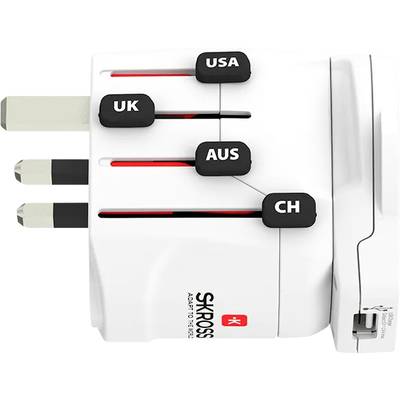 Un adattatore universale da viaggio con spine per Regno Unito, USA, Australia e Svizzera. Ideale per connettersi a diverse prese elettriche in tutto il mondo.