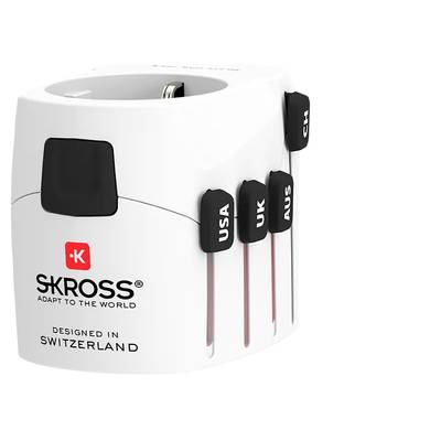 Un adattatore da viaggio bianco con i loghi 'SKROSS' e 'Designed in Switzerland'; sul lato sinistro sono presenti spine per USA, UK, AUS e CH.