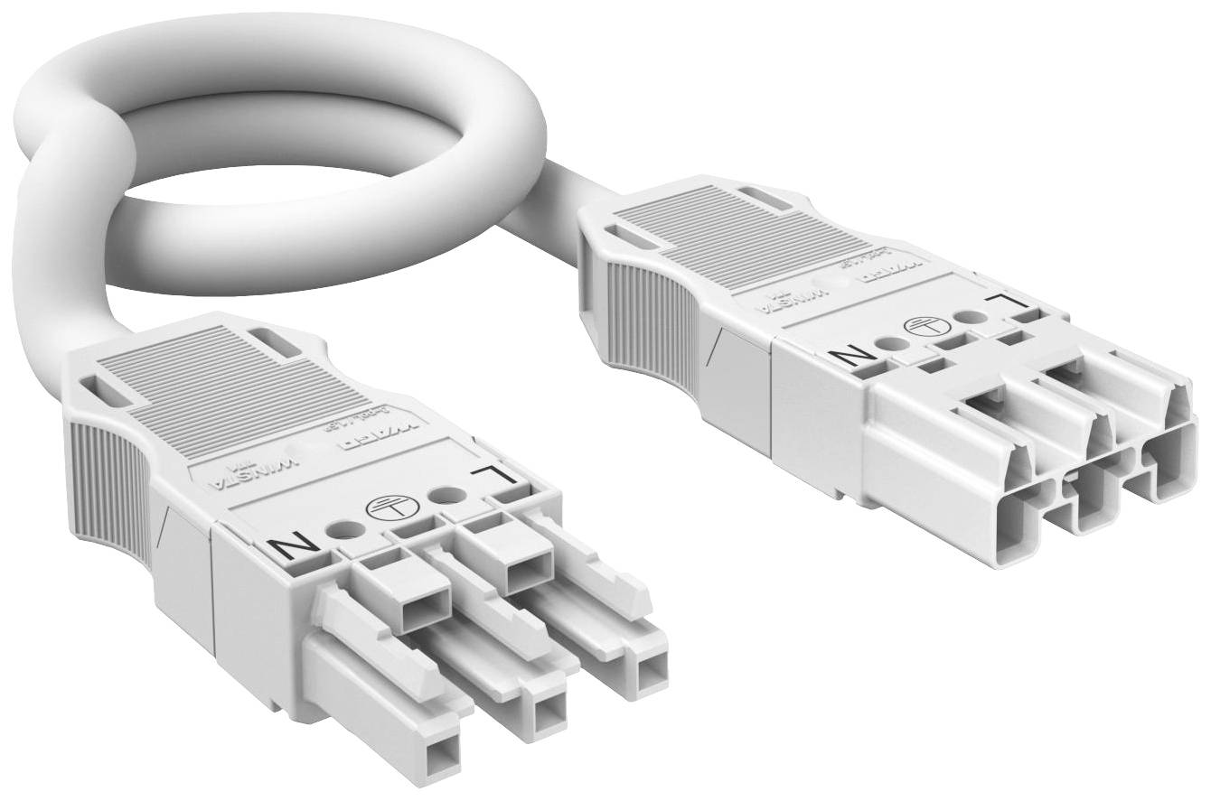Un cavo elettrico bianco con due spine identiche alle estremità, ciascuna con tre poli.